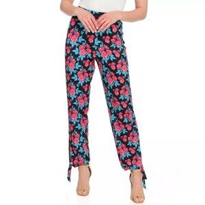 Kate & Mallory Pull On Pants Size XL Side Tie Hem Liquid Knit Blue Pink Roses
